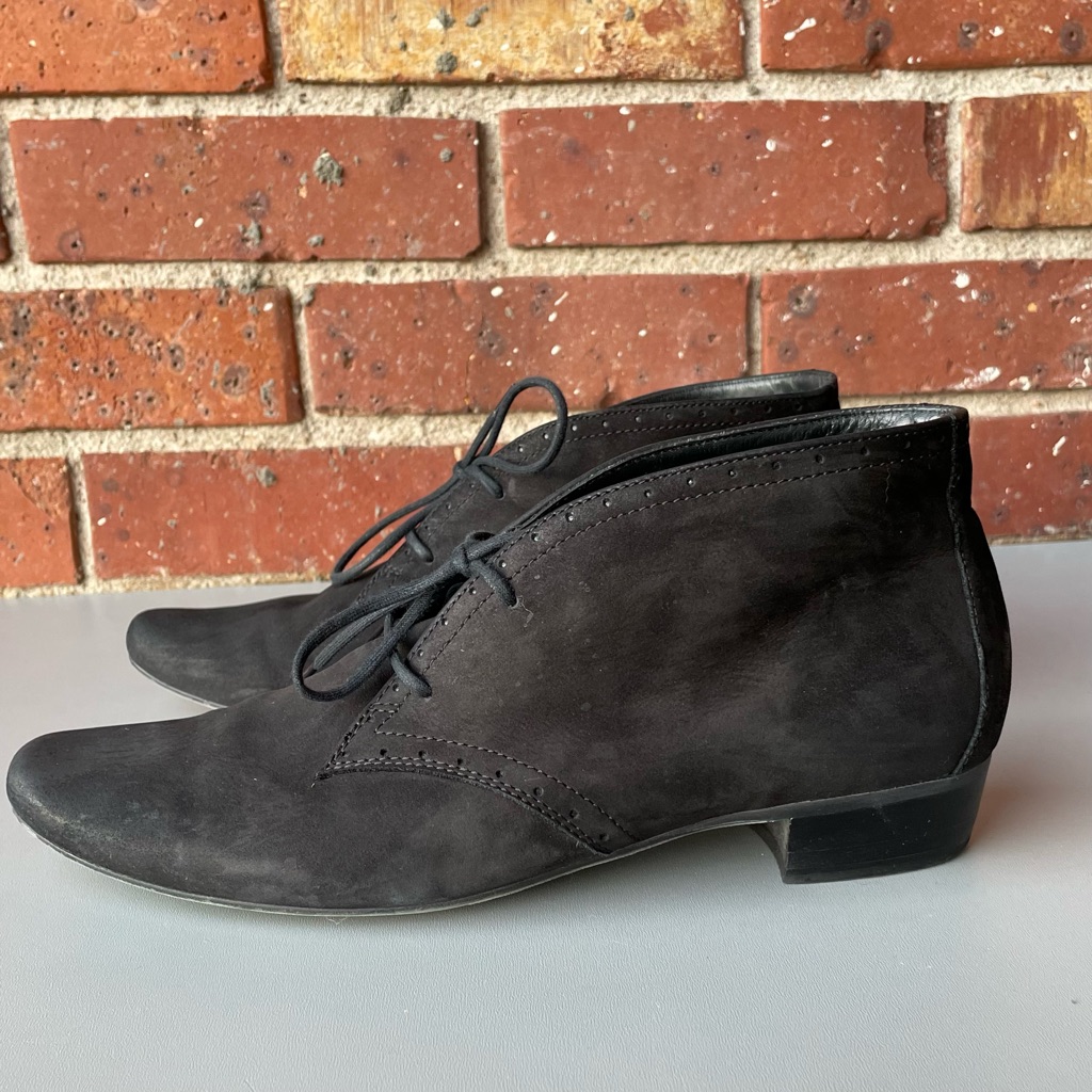 Paul Green Munchen Sz 4.5 Black Sueded Leather Us 7 Lace-Up Handmade Shoes Boho